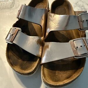 Birkenstock Shiny Silver Double Strap Sandals